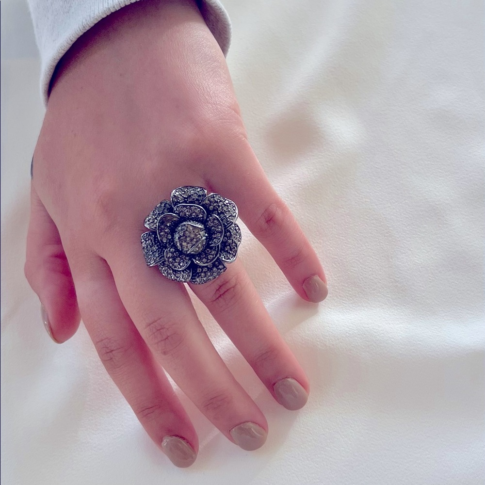 Oxidized Sterling and Crystal Flower Ring